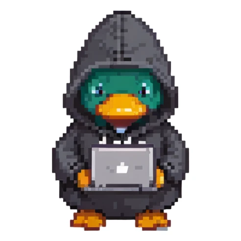black rubber duck with tiny hoodie and a laptop, hacker sticker