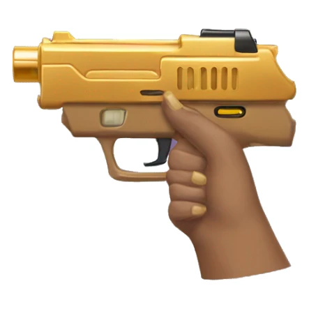 Light brown hand with gold nails holding dark nerf gun sticker