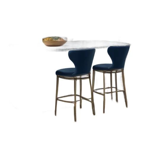 Navy kitchen with ocean views and arched windows, barstools, bronze wood floors, and a white granite countertop  sticker