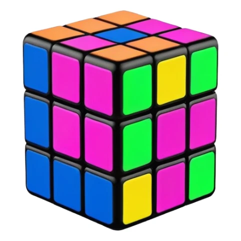 A 3x3 Rubik's Cube with fluorescent colors: glowing green, radiant pink, brilliant blue, luminous yellow, vivid orange, intense purple, minimalist iOS emoji style sticker