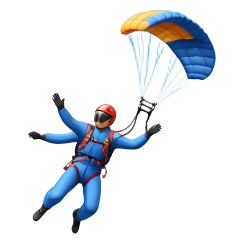 A base jumper soaring through the air, parachute deployed, flying off a steep mountain peak. The background is filled with majestic mountains, clear blue sky, and distant clouds, capturing the exhilarating thrill and beauty of extreme sports. sticker