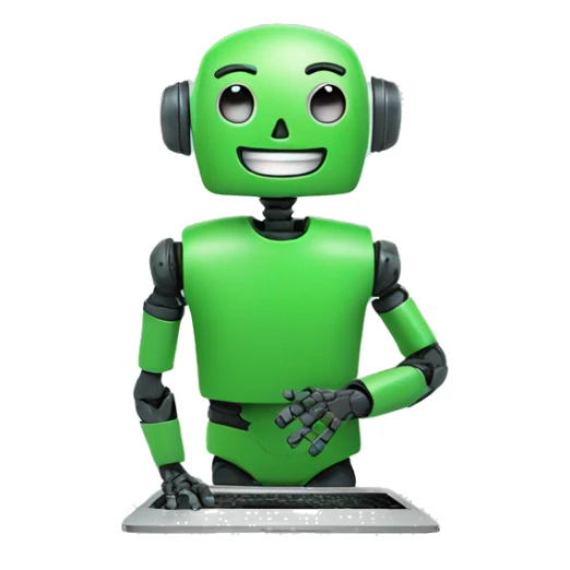 happy robot in laptop wearing green t-shirt sticker