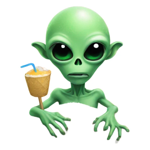 alien holding a small straw next to a mound of snow sticker