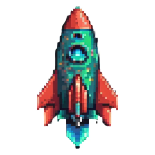 rocket ship with green to red gradient, pixel art style sticker