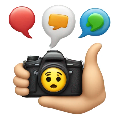 An emoji depicting challenge videos, featuring a camera and two hands giving a thumbs up, with colorful question marks and exclamation points around, symbolizing fun, excitement, and various challenges sticker