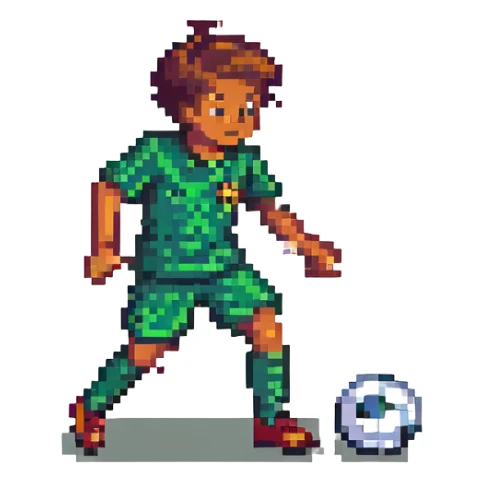 pixel art of a soccer player casting a spell while dribbling a ball sticker