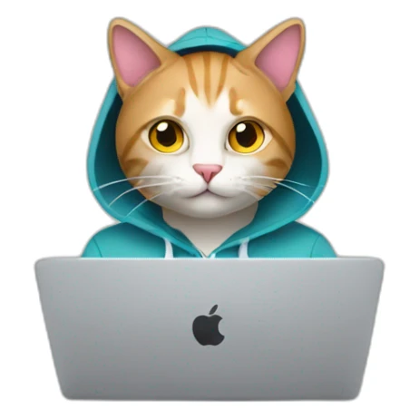 cat with hoodie and a macbook sticker