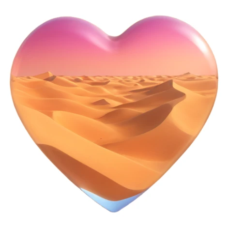 3D emoji style glass heart, interior shows empty desert sand dunes, no vegetation, ultra-realistic glass texture sticker
