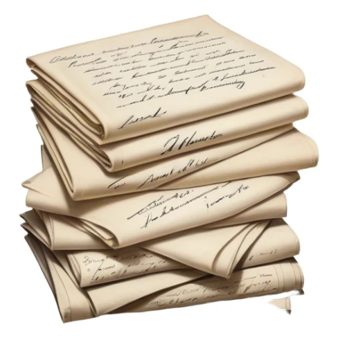 Icon for Autograph Collecting: several vintage framed with signatures of famous celebrities sheets stacked one on top of the other, each . The icon should evoke the charm and history of collecting autographs. Transparent background. sticker