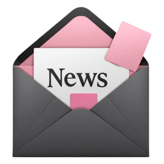 A minimalist 3D icon of an open envelope with a card inside that says 'NEWS', flat design style, colors: deep charcoal black (#000000) and soft accent pink (#f9a8d4), clean lines, high contrast, isolated on a black background, high resolution. sticker