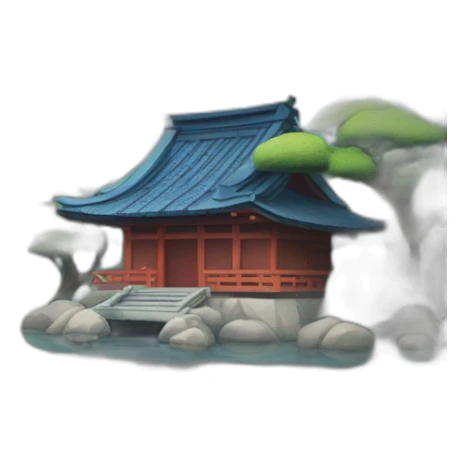 A lakeside island with a shinto gate and small Japanese house with a blue tiled r sticker