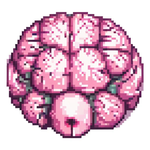 Make this pink melting brain icon more 3D with enhanced depth, shading, and highlights. Keep it fully front facing with pixel art accents. Background transparent. sticker