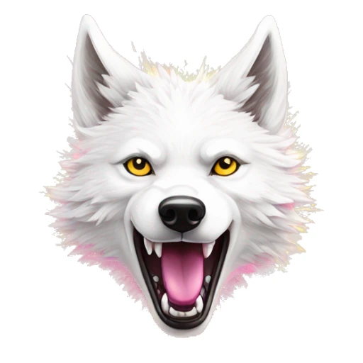 Sparkling crazy white aggressive wolf dancing snow mad big eyes illustration doodle high contrast lightning bolt halo sun beams white pink yellow red party sparkle glitter sticker
