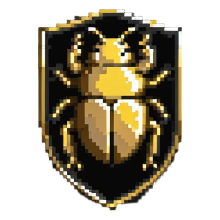 A gold shield-shaped badge with a beetle silhouette like Discord's bug hunter badge sticker