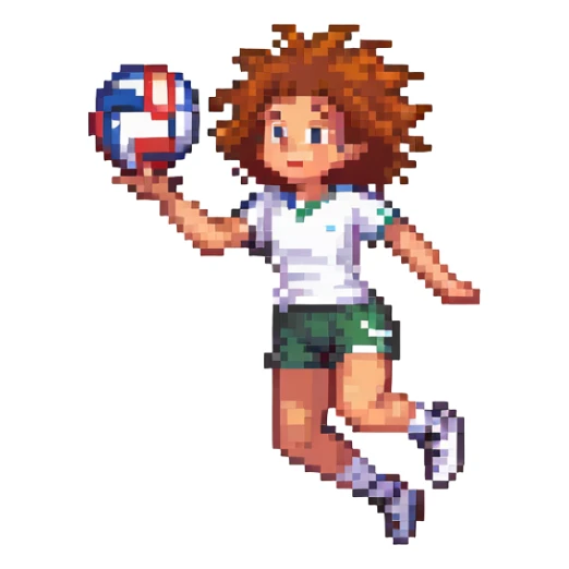 curly haired girl playing volleyball, jumping to spike, pixel art style sticker