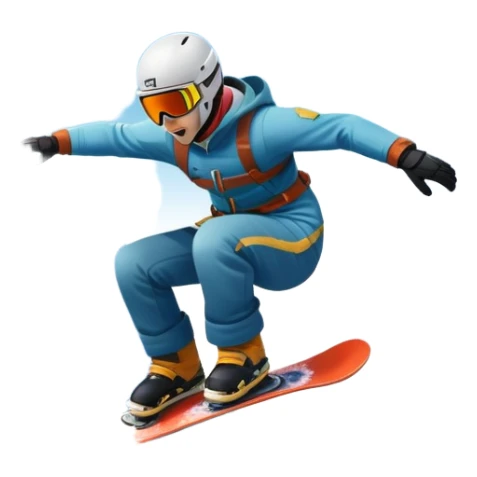 An icon showing a snowboarder performing an exciting jump on a snow-covered slope. The background features towering mountains, snow-covered trees, and a bright, clear sky. Transparent background highlights the speed, agility, and thrill of snowboarding. sticker