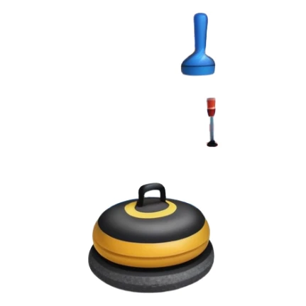 please, make An icon featuring the curling rink, with its distinctive circles and a vibrant crowd in the stands. Snowflakes fall outside the arena, and bright lights illuminate the ice. a close-up curling stone sliding across the ice, with a broom nearby. Transparent background. sticker