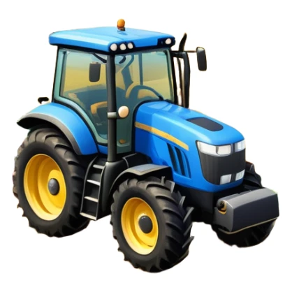 An icon representing a farming simulator, with a detailed tractor plowing fields under a bright sky with rural landscape. The design includes farming tools, crops and barns, symbolizing the immersive experience of managing a farm. Transparent background. sticker