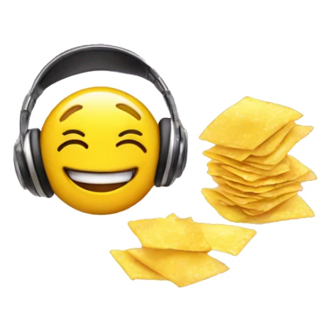 yellow smiley face with lash extensions and headphones blowing bubble gum and holding chips pack sticker