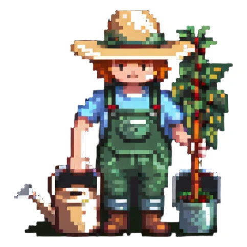 gardener character with straw hat, watering can, and gardening tools sticker
