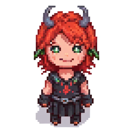 pixel art character with red hair, mischievous smile, small black eyes, red devil horns sticker