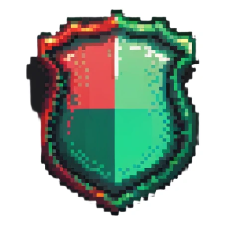 Member badge with a shield shape and green to red gradient background with pixel art details sticker
