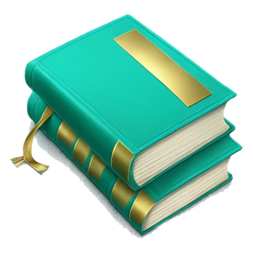 Realistic isolated turquoise book with metallic gold writing laying down flat. sticker