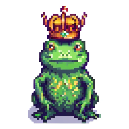 pixel art crowned frog standing green and gold simple background sticker