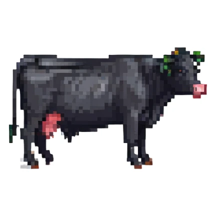 Aberdeen Angus cow, pixel art, black, side view, minimal details sticker
