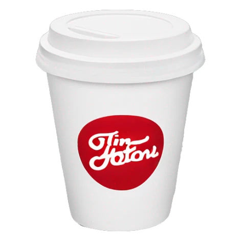 “Red Tim Hortons coffee cup with large white ‘Tim Hortons’ logo in script, black plastic lid, and a simple, clean design.” sticker