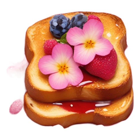 French Toast with pink syrup garnished with flowers and fruit on a pink glitter plate sticker