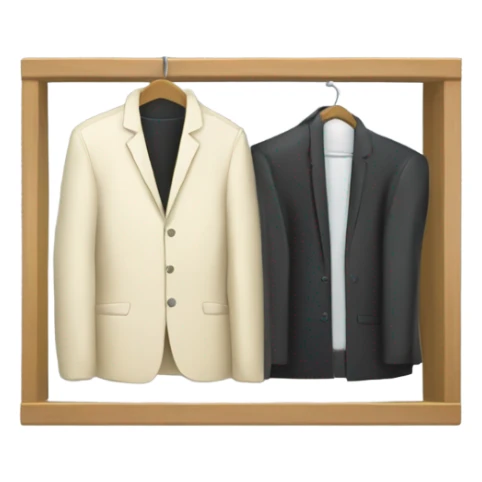 Design an emoji-style icon of an open wardrobe with clothes hanging inside. Include details like a wooden frame, hangers, and only black or white different clothing items such as shirts or any other clothing . Use a clean and minimalistic design. sticker