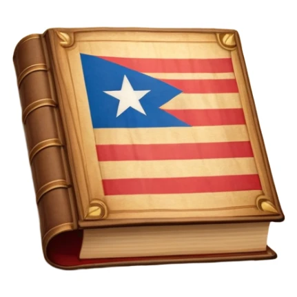 Ancient book with Puerto Rican flag on leather cover, theater curtain symbol carved in wood, warm vintage parchment textures, soft golden glow representing timelessness and theatrical heritage sticker