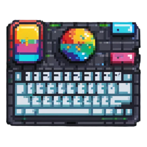 Colorful IT tech badge pixel art with simple keyboard symbol, vibrant colors sticker