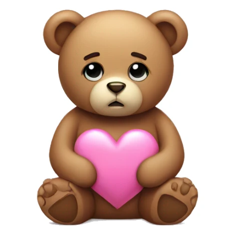 Teddy bear with sad eyes holding a pink heart sticker