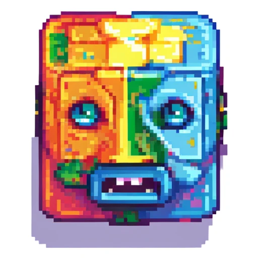 simple geometric cube with a face, inspired by Geometry Dash, vibrant colors, pixelated look sticker