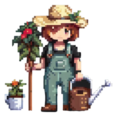 gardener character with straw hat, watering can, and gardening tools sticker