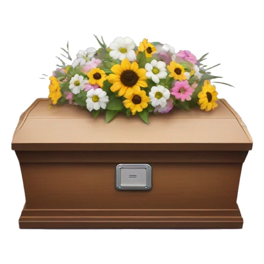 a Roomba positioned in a tiny casket with flowers and RIP tombstone  sticker
