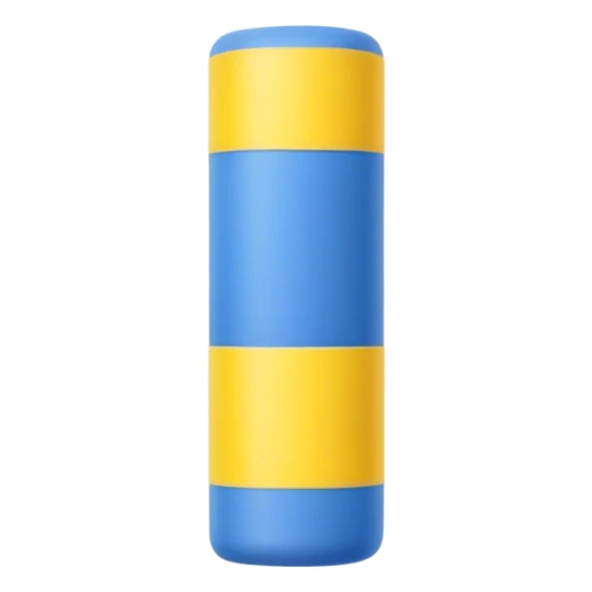 Blue foam tube with yellow ends on both end, not hollow, front view sticker