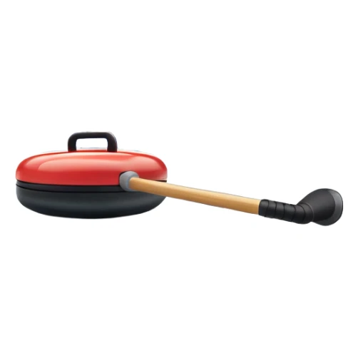 An icon featuring a curling stone in the foreground on an ice sheet with marked target circles. A curling broom rests nearby. In the background, a grand indoor stadium with bright lights and cheering fans. The ice reflects the vibrant colors of the surroundings. Transparent background. sticker