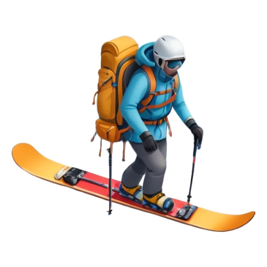 Icon for Mountain Tourism: a snow-covered peak in the distance, with skis, a snowboard, climbing gear, a backpack, and a camera. The icon should represent the adventure and exploration of mountain landscapes. Transparent background. sticker