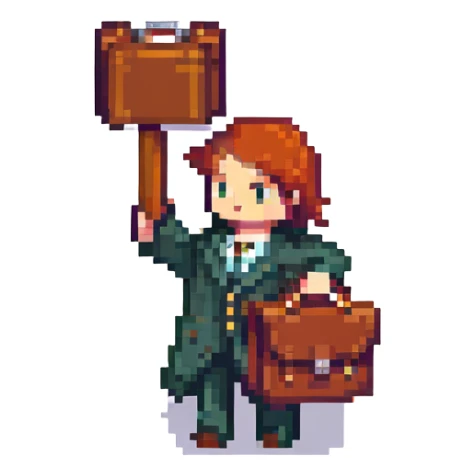 waving hand with a briefcase, end of shift, pixel art style sticker