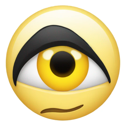 A round yellow emoji with an oversized eye on the left and a straight, black hairstyle partially covering the forehead. The mouth is a neutral line, conveying a sense of indifference or surprise. sticker