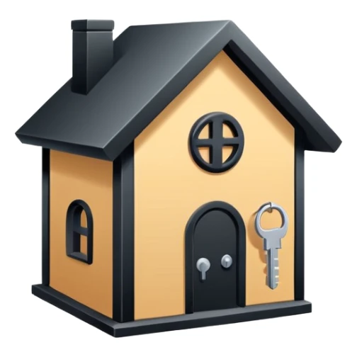 Minimalistic flat vector icon, iOS style, thin black contour on white background. House with a key symbol. Clean, no text, no shadows.
 sticker