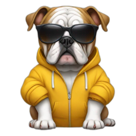 a bulldog wearing a hoody an has a sunglasses sticker
