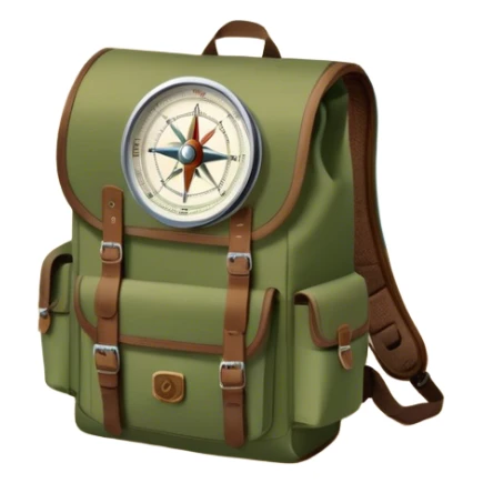 Icon for Expeditions: a compass, a map, a backpack with trekking gear, and a rugged expedition jeep, set against a backdrop of snowy mountains, sand dunes, and tropical islands. The icon should capture the spirit of adventure and exploration in diverse landscapes. Transparent background. sticker