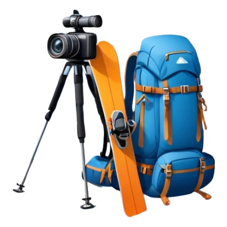 Icon for Mountain Tourism: a distant snow-capped mountain peak with skis, a snowboard, an ice axe, a backpack and a camera. The icon should convey the spirit of adventure and exploration in the mountains. Transparent background. sticker
