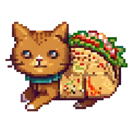 a taco cat running, dynamic pose, pixel art style, bright colors, cat facing left sticker