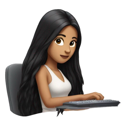 beautiful girl with long black hair, typing on computer  sticker