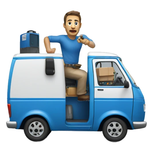 Italian man driving a blue van with a generator attached at the back sticker